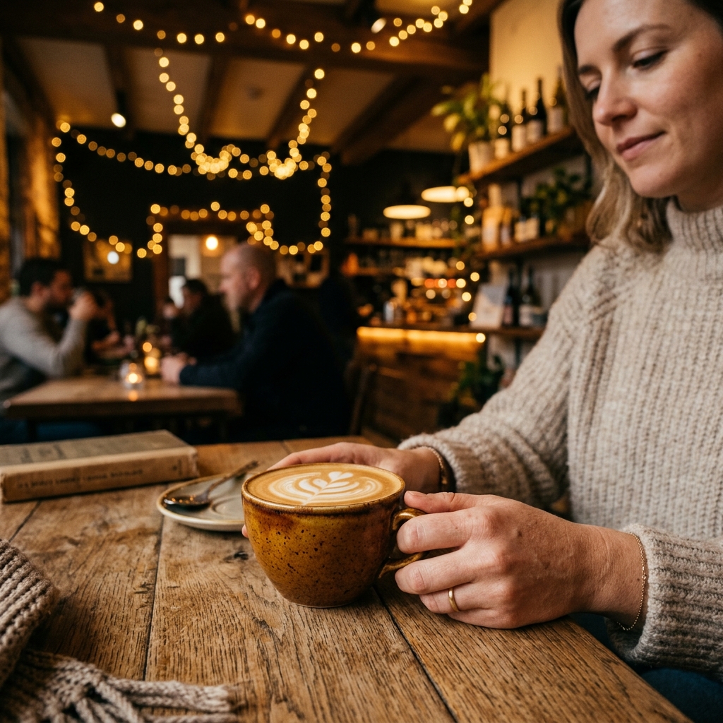 Warm Coffee Cup under fairy lights