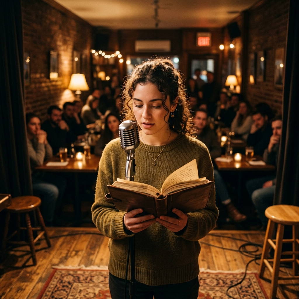 Poet reading poetry under spotlights